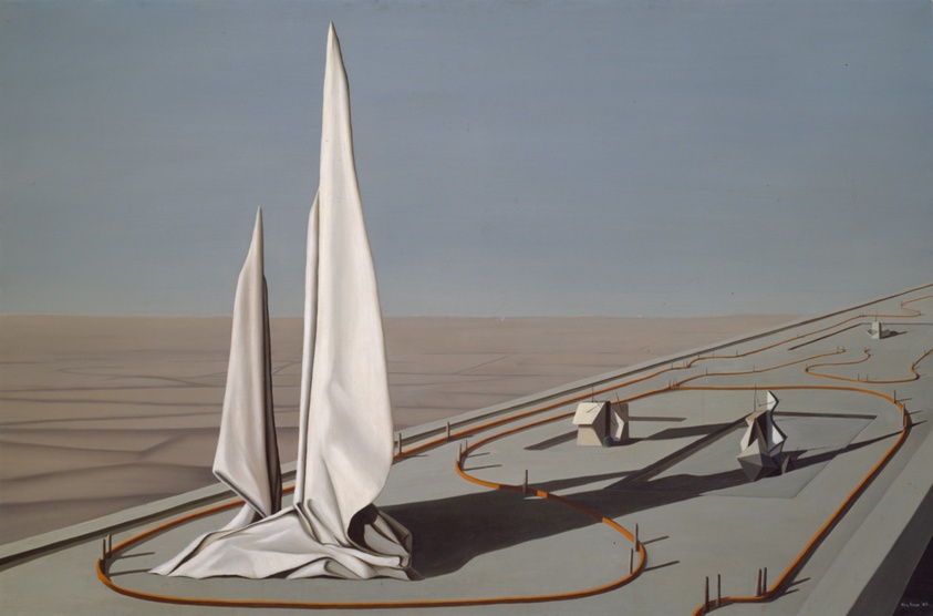 a painting of two tall draped structures on a grey path in a cracked desert